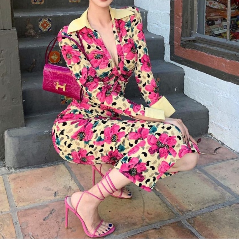 ROTATE Pink Floral Collared Midi Dress with Tailored Waist